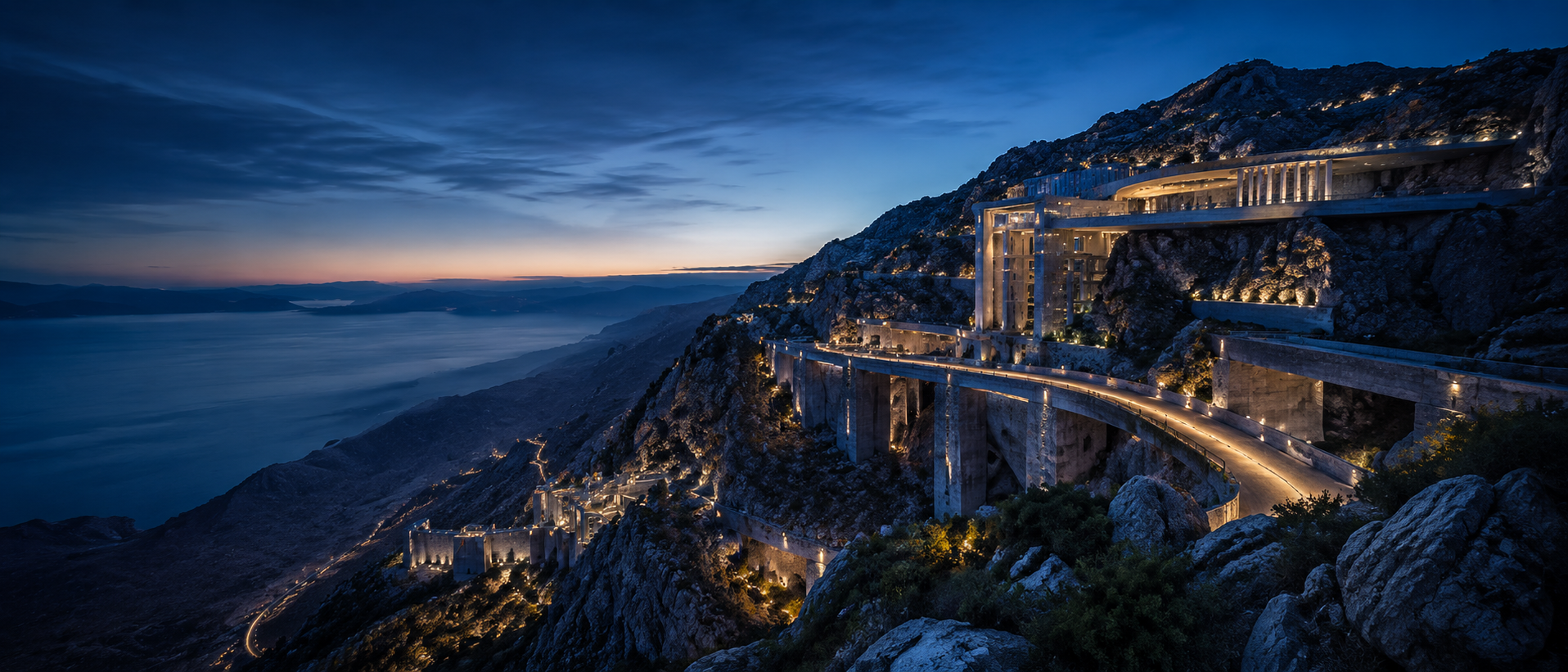 Engineered structure in a mountain landscape at dusk