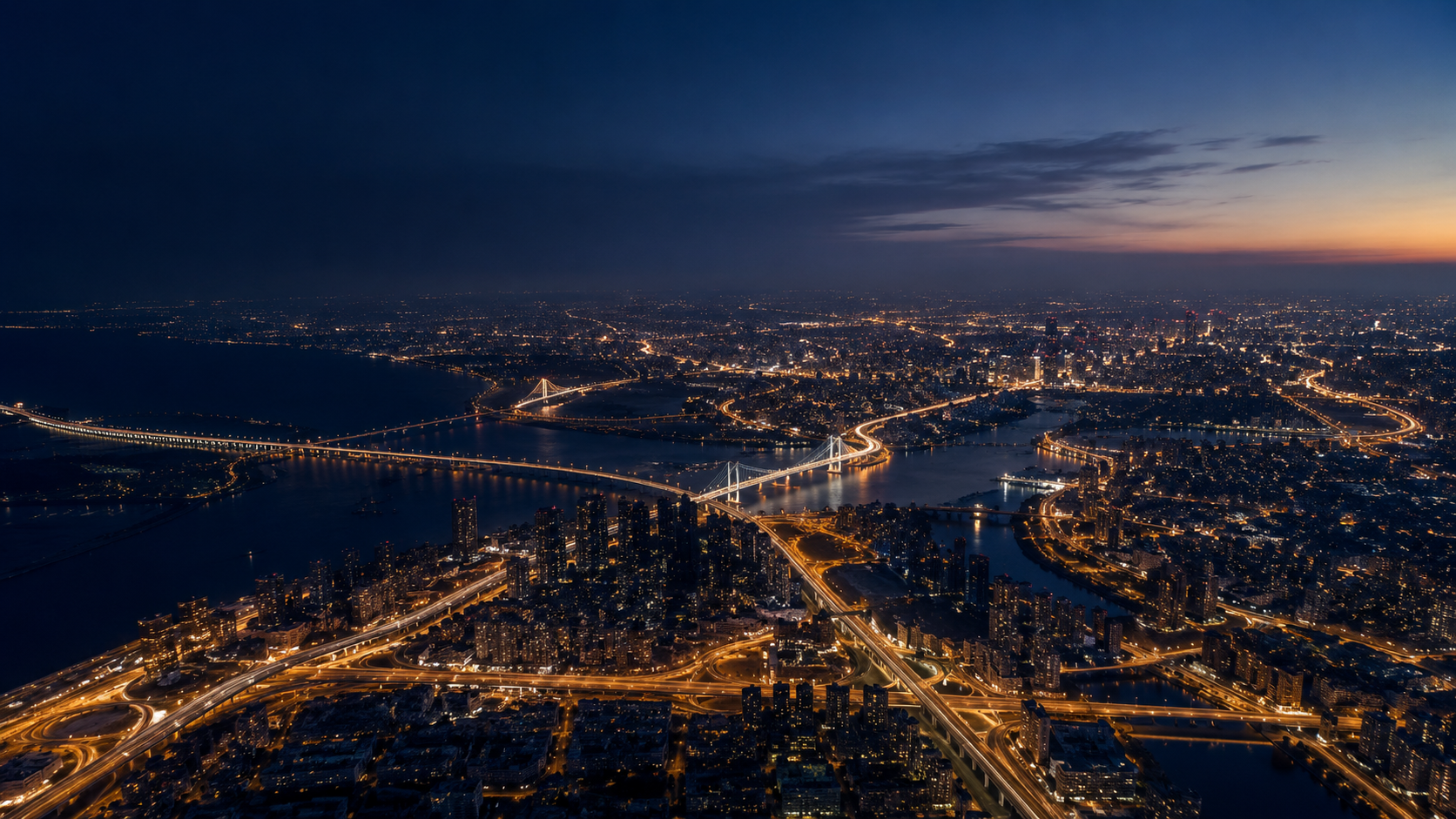 Aerial city at night as a connected network of gold light