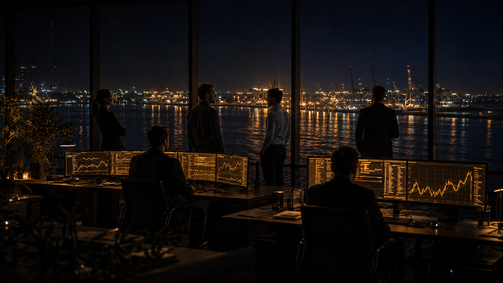 Team in a night operations room overlooking a lit port